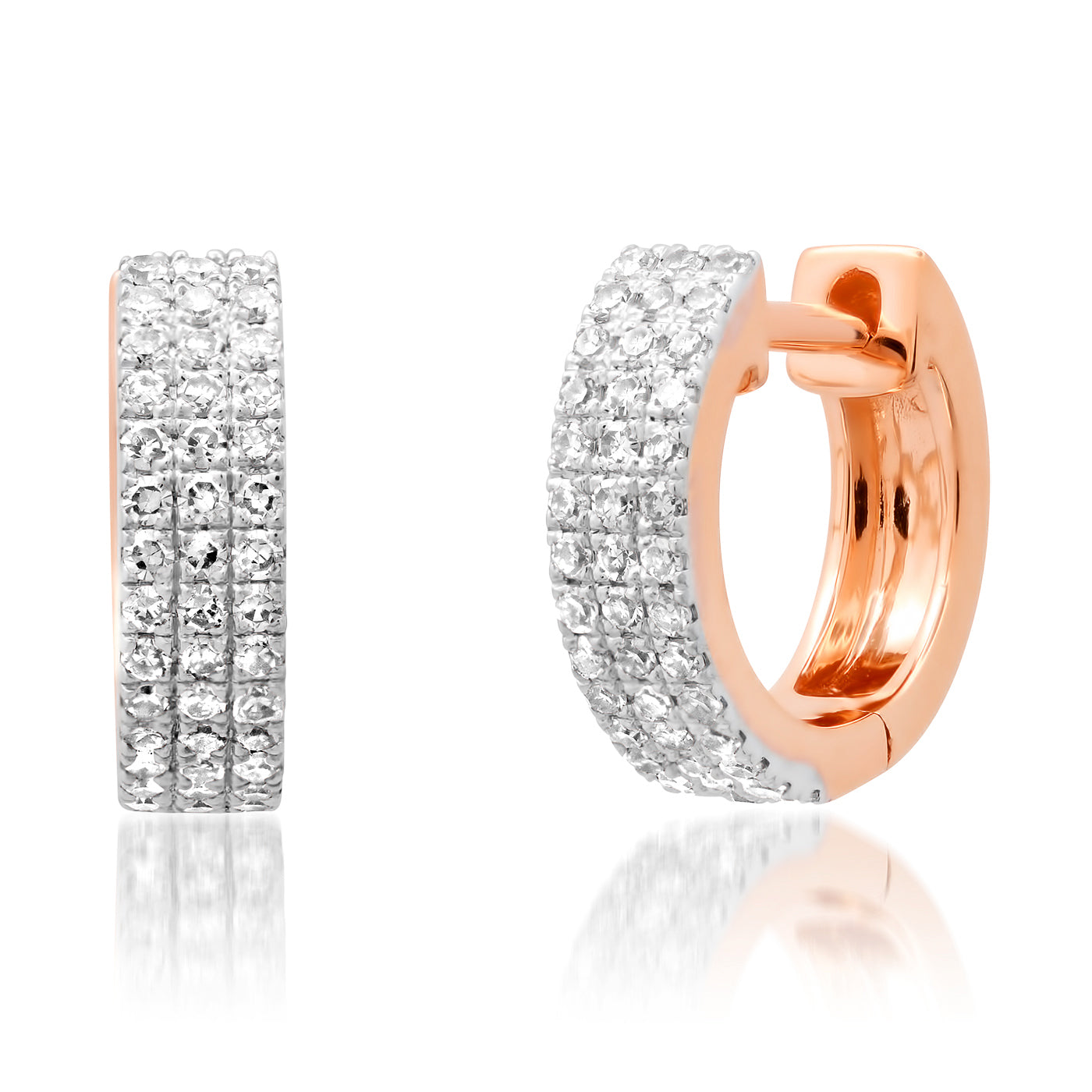 14K Rose Gold Triple Row Diamond Huggies