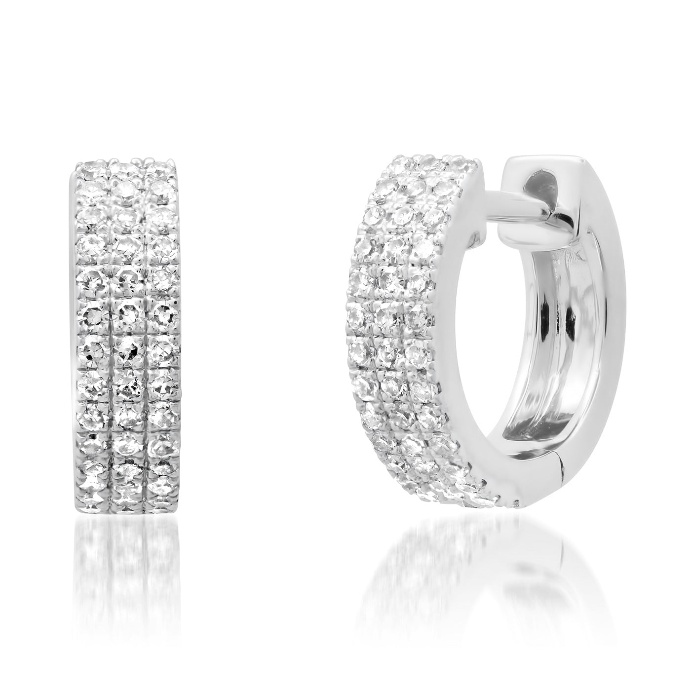 14K White Gold Triple Row Diamond Huggies