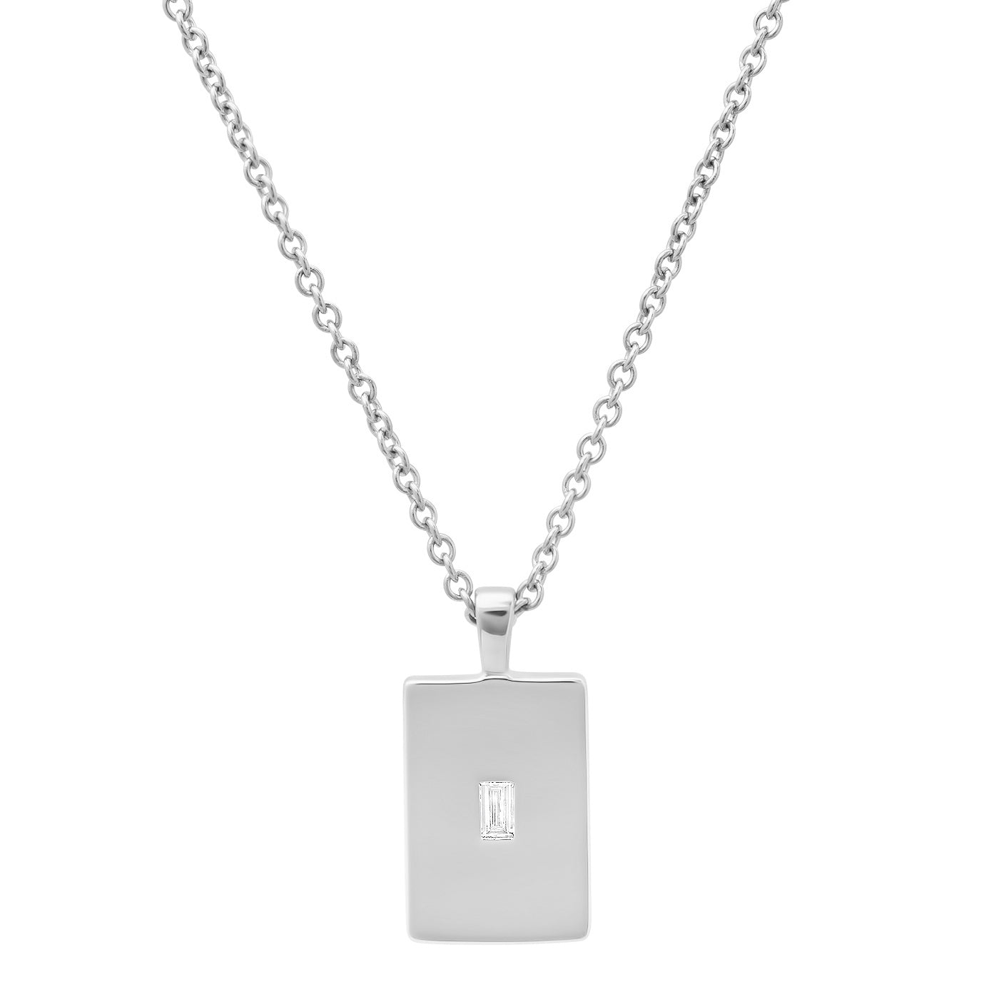 14K White Gold Mini Diamond Baguette Dog Tag Necklace