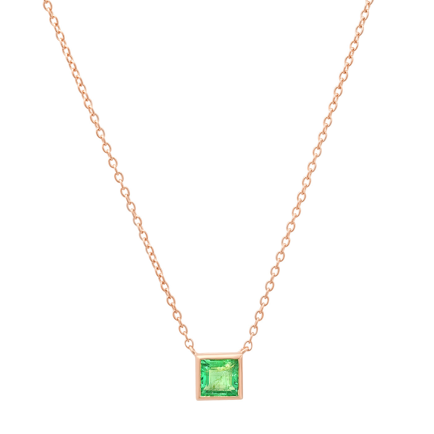 14K Rose Gold Emerald Bezel Set Solitaire Necklace