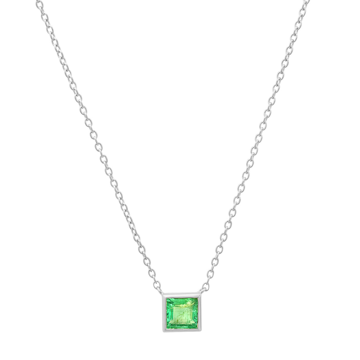 14K White Gold Emerald Bezel Set Solitaire Necklace