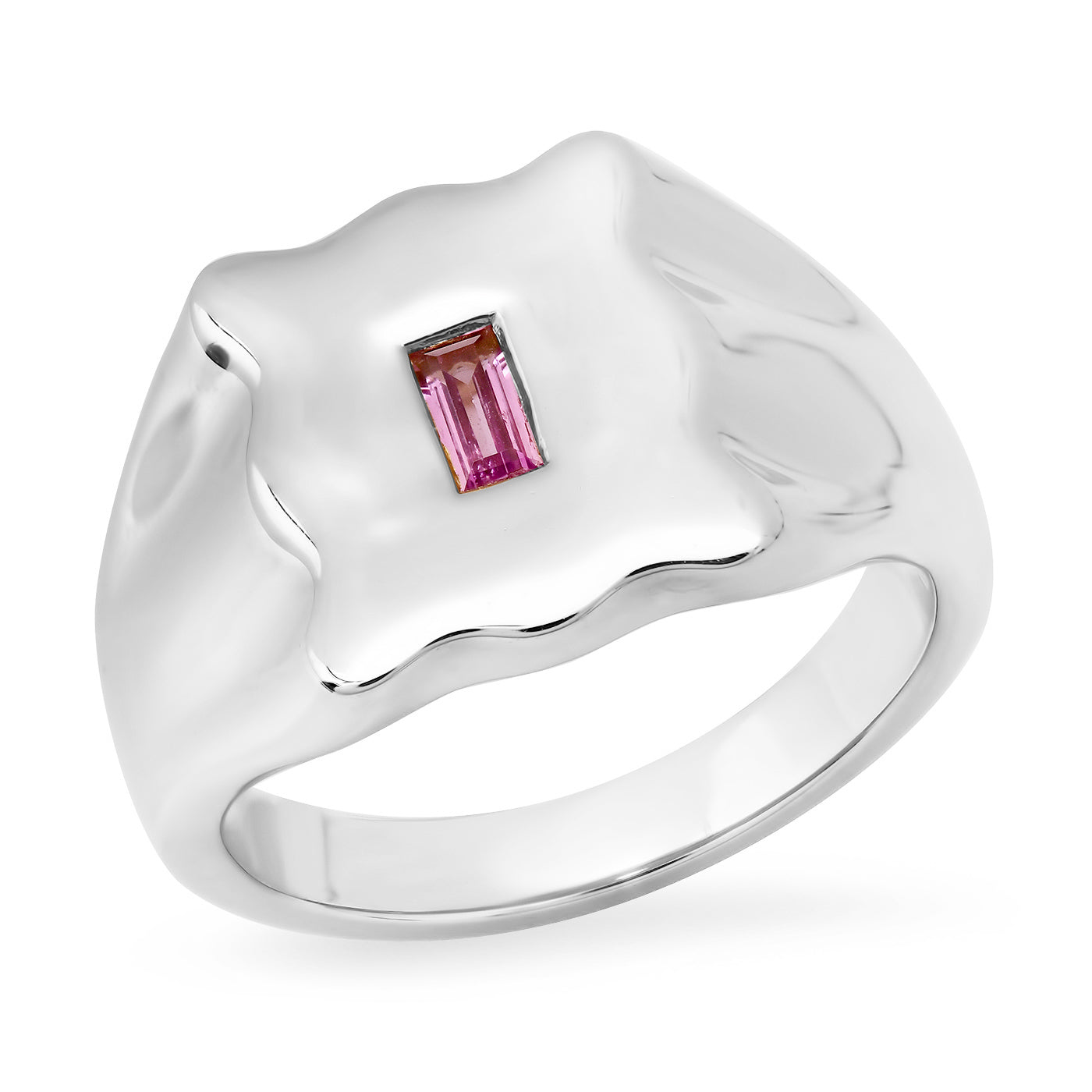 14K White Gold Pink Sapphire Baguette Form Signet Ring