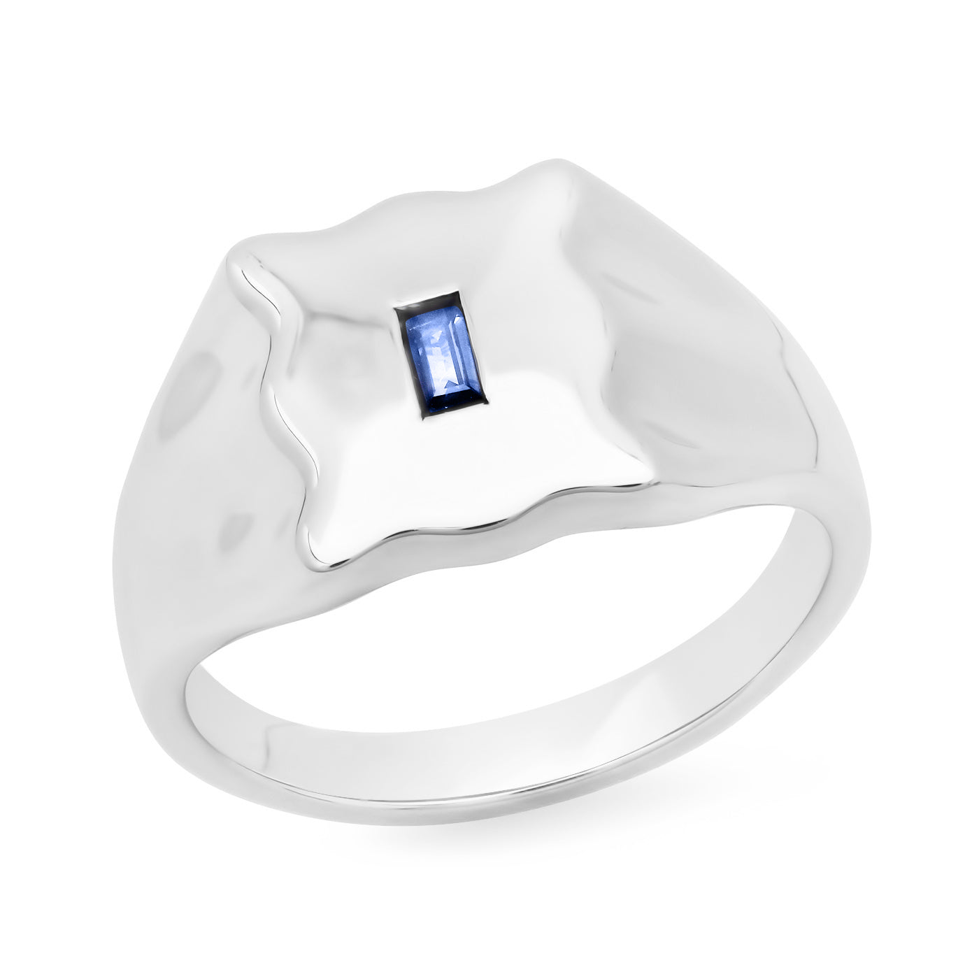 14K White Gold Blue Sapphire Baguette Form Signet Ring