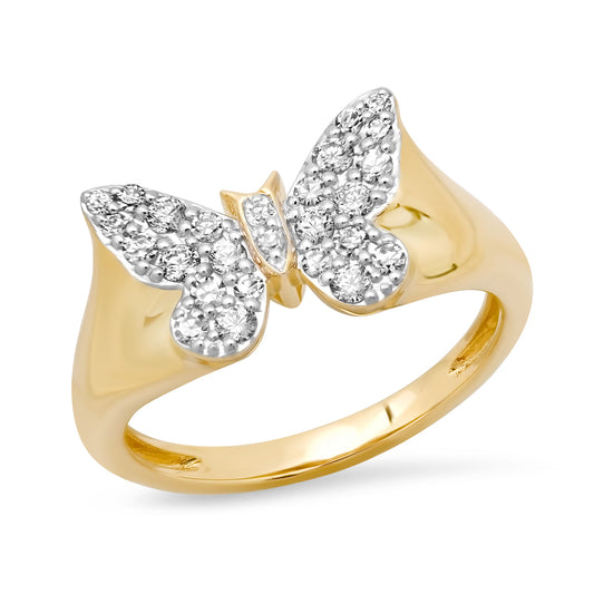 14k Yellow Gold Mini Diamond Butterfly Pinky Ring