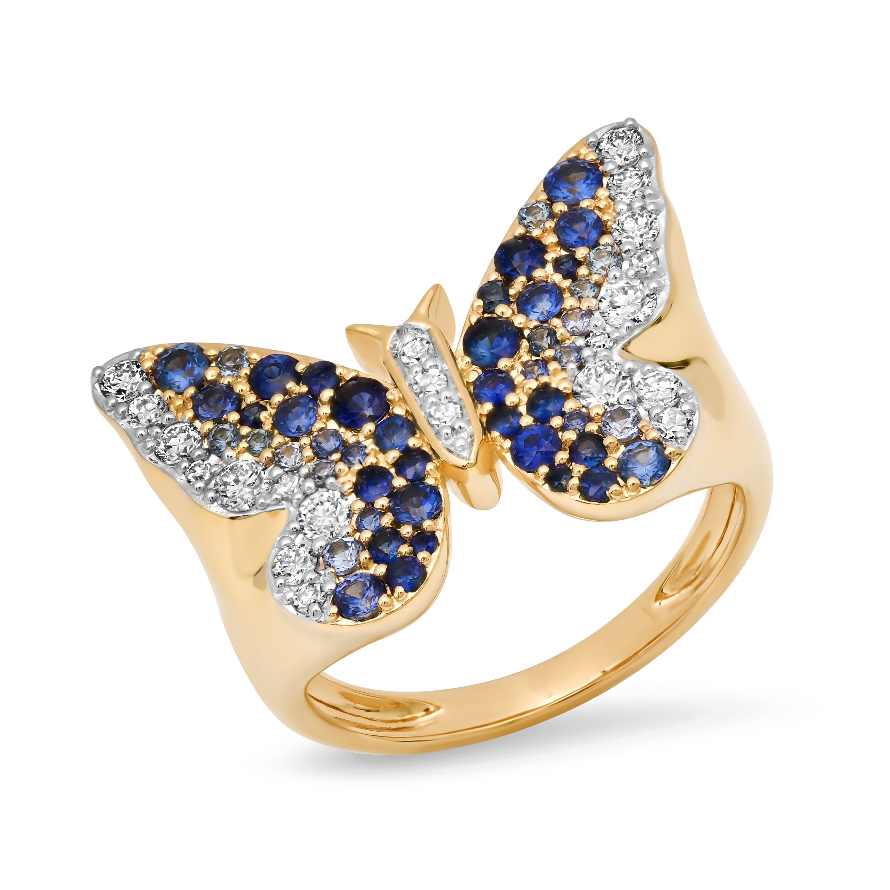 14k Yellow Gold Blue and Diamond Ombré Butterfly Signet Ring