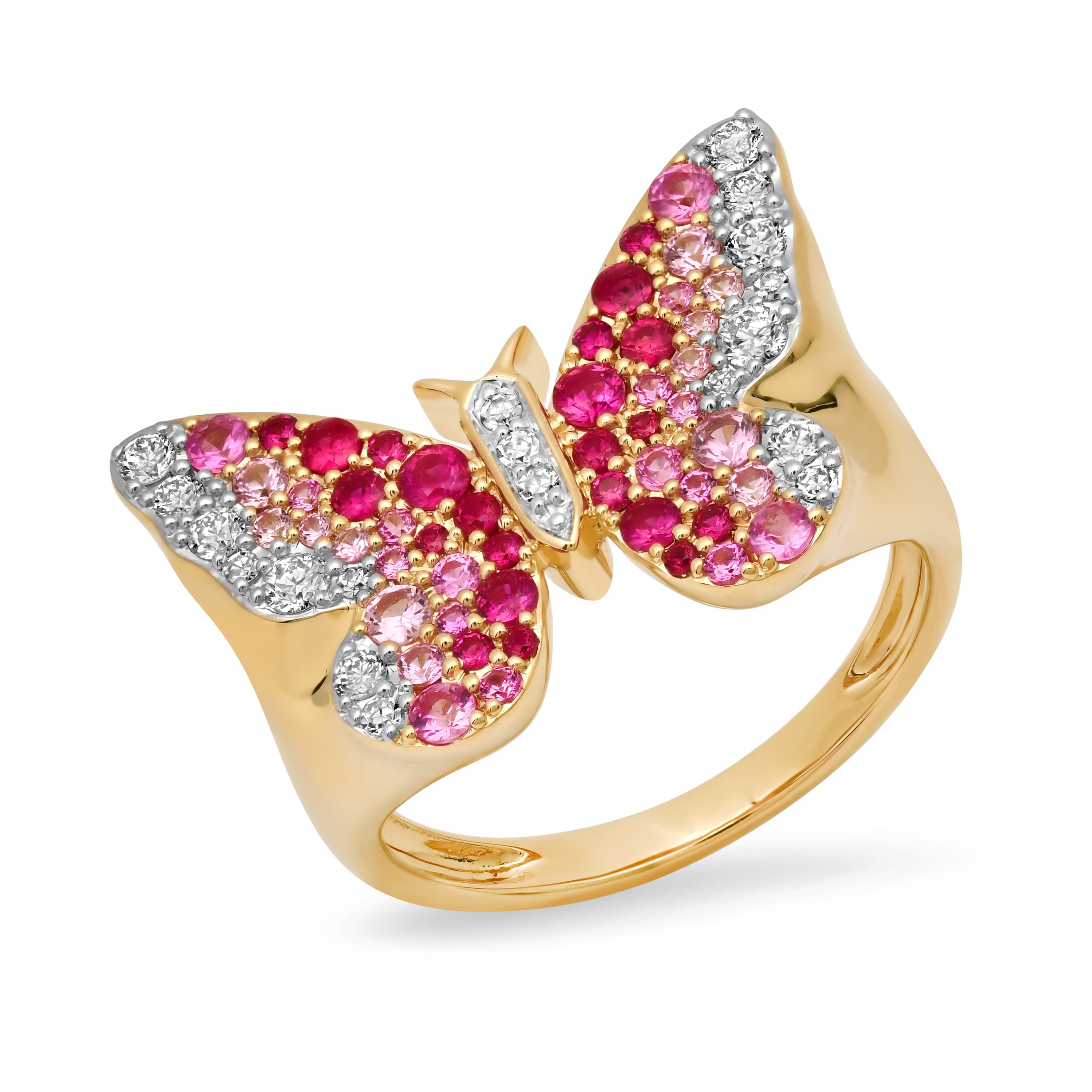 14k Yellow Gold Pink and Diamond Ombré Butterfly Signet Ring