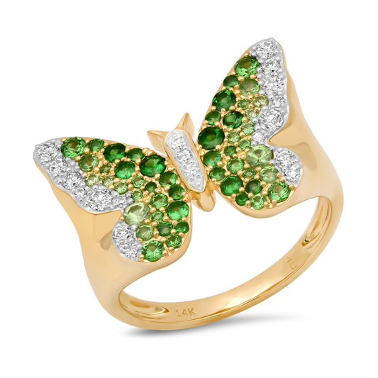 14k Yellow Gold Green and Diamond Ombré Butterfly Signet Ring