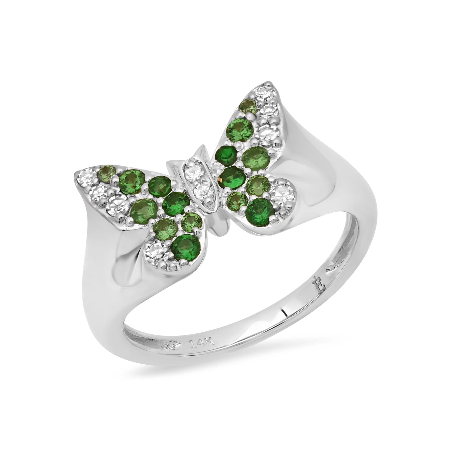 14k White Gold Mini Green and Diamond Ombré Butterfly Pinky Ring