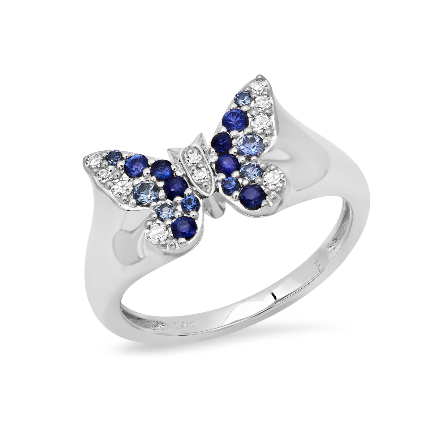 14k White Gold Mini Blue and Diamond Ombré Butterfly Pinky Ring