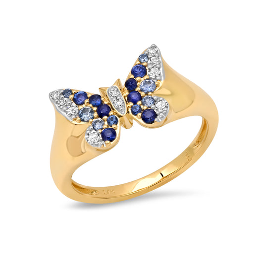 14k Yellow Gold Mini Blue and Diamond Ombré Butterfly Pinky Ring