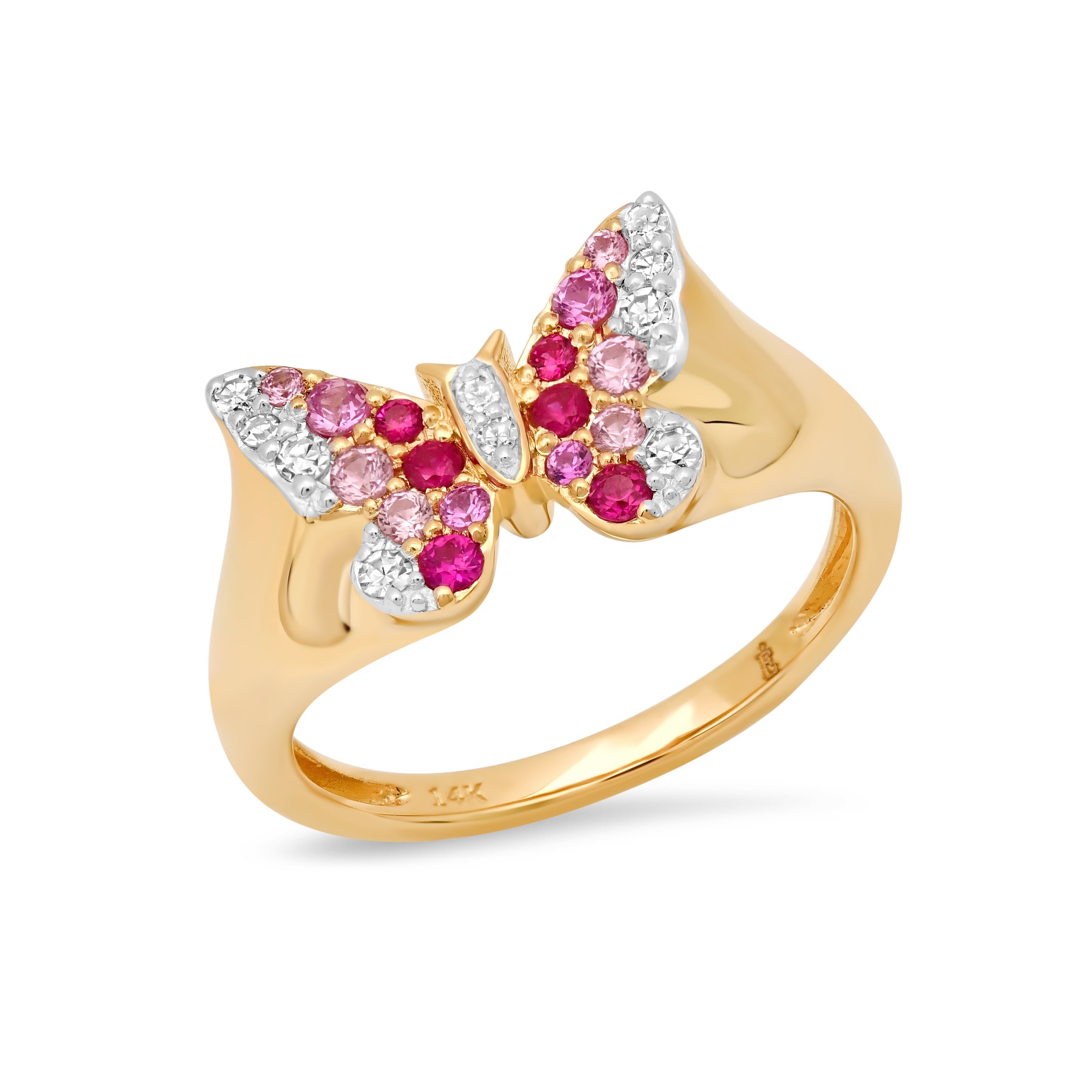 14k Yellow Gold Mini Pink and Diamond Ombré Butterfly Pinky Ring