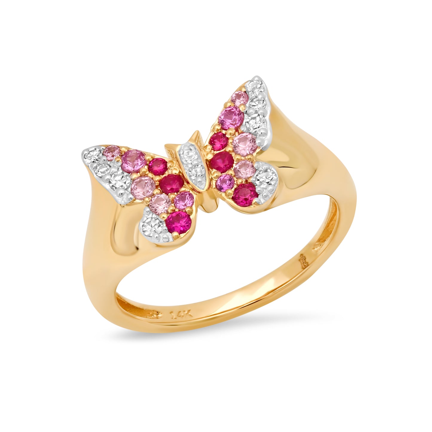 14k Yellow Gold Mini Pink and Diamond Ombré Butterfly Pinky Ring