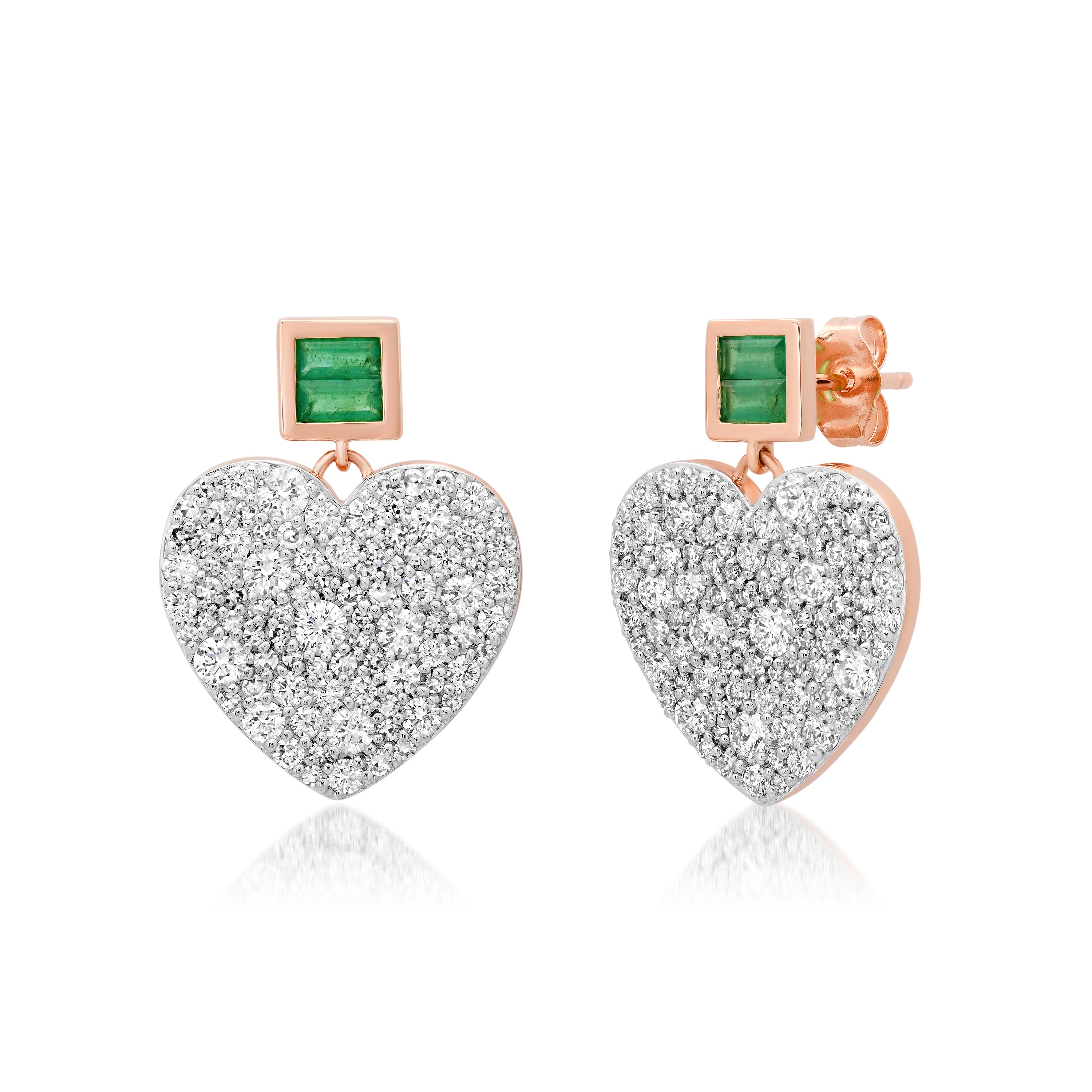 14K Rose Gold Diamond and Emerald Jumbo Sweetheart Earrings