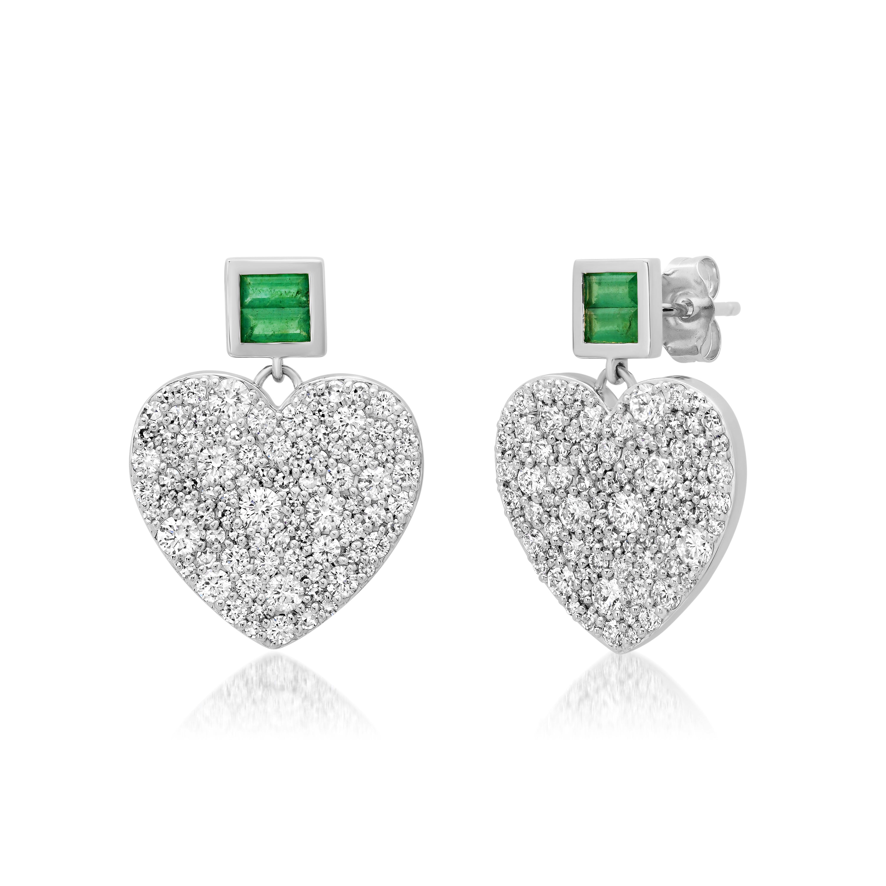 14K White Gold Diamond and Emerald Jumbo Sweetheart Earrings