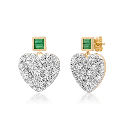 14K Yellow Gold Diamond and Emerald Jumbo Sweetheart Earrings