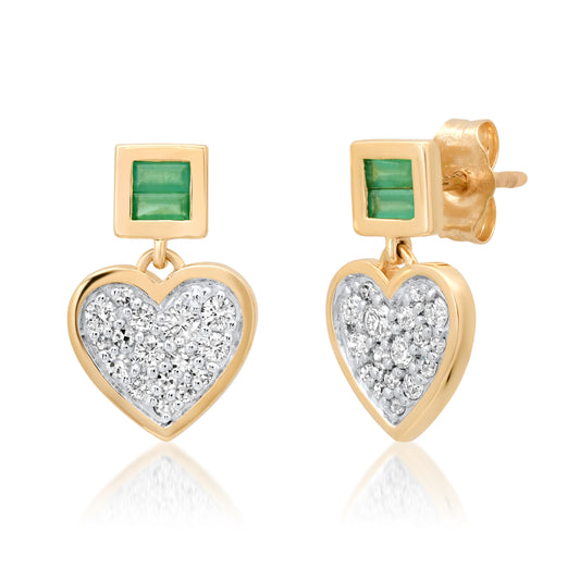 14K Yellow Gold Diamond and Emerald Small Sweetheart Earrings