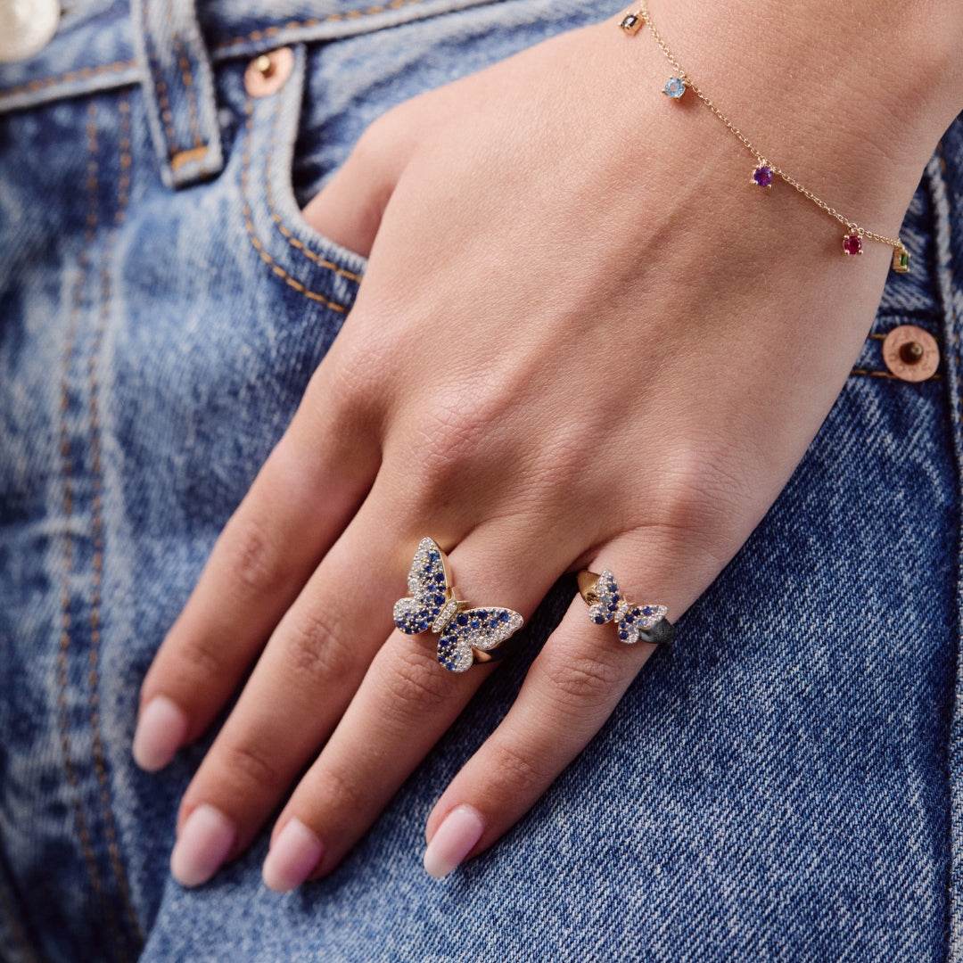 Mini Blue and Diamond Ombré Butterfly Pinky Ring