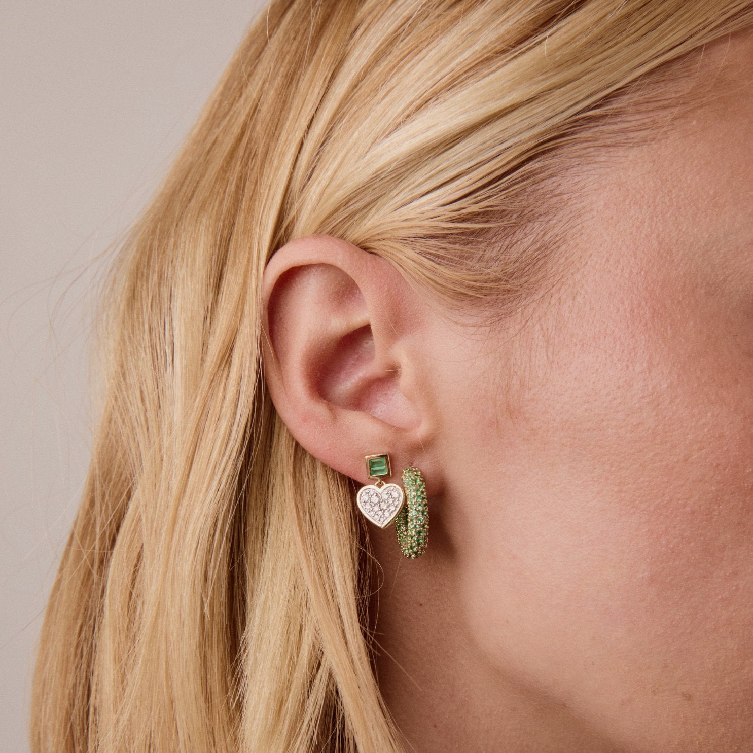Diamond and Emerald Small Sweetheart Earrings