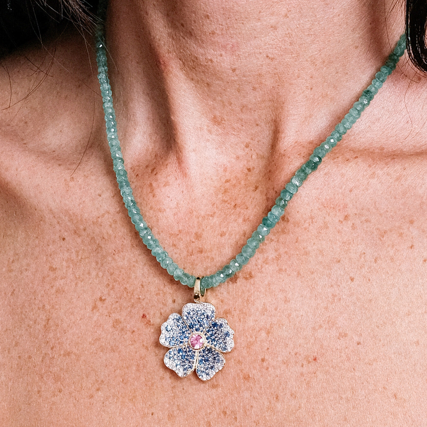 Blue Sapphire and Diamond Wildflower Pendant on Emerald Beaded Necklace