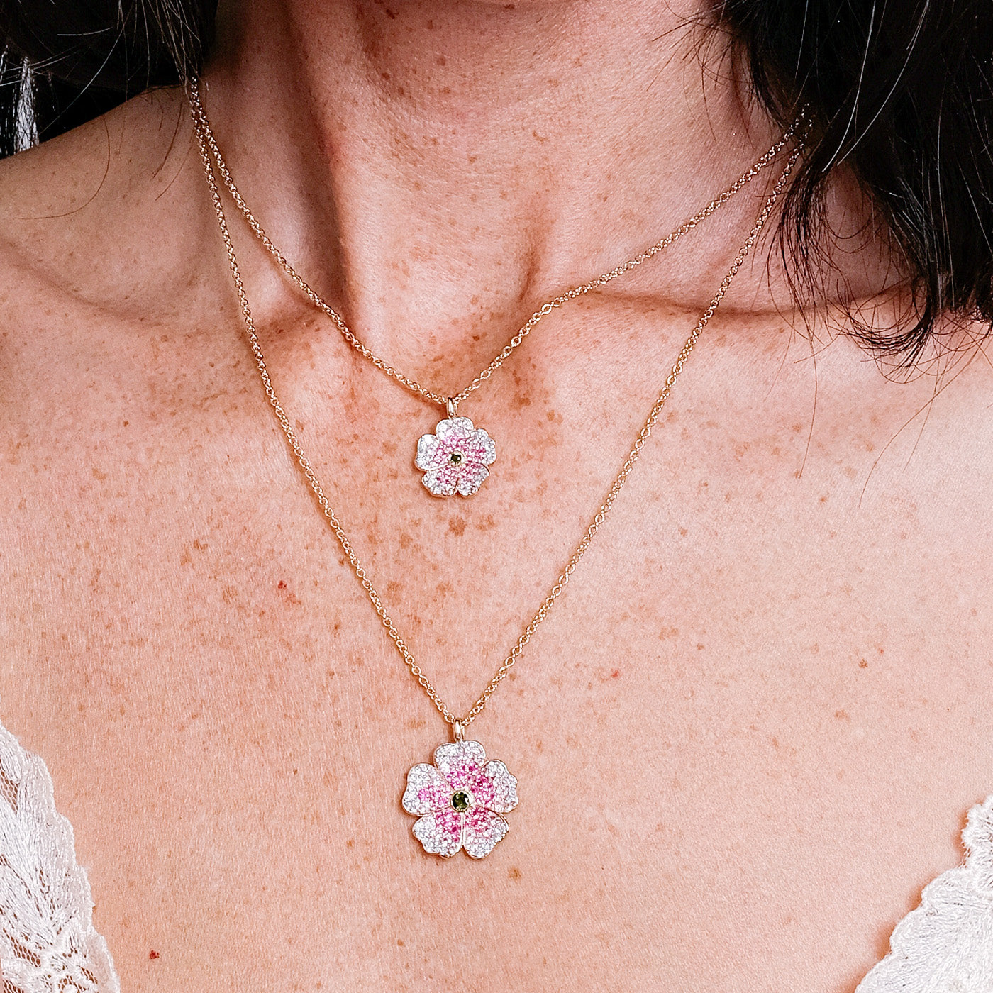 Mini Pink Sapphire and Diamond Wildflower Necklace