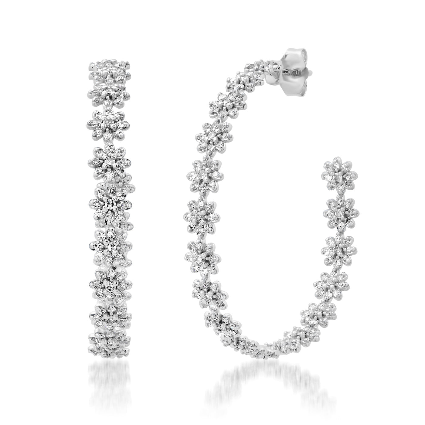 14K White Gold Diamond Daisy Hoops