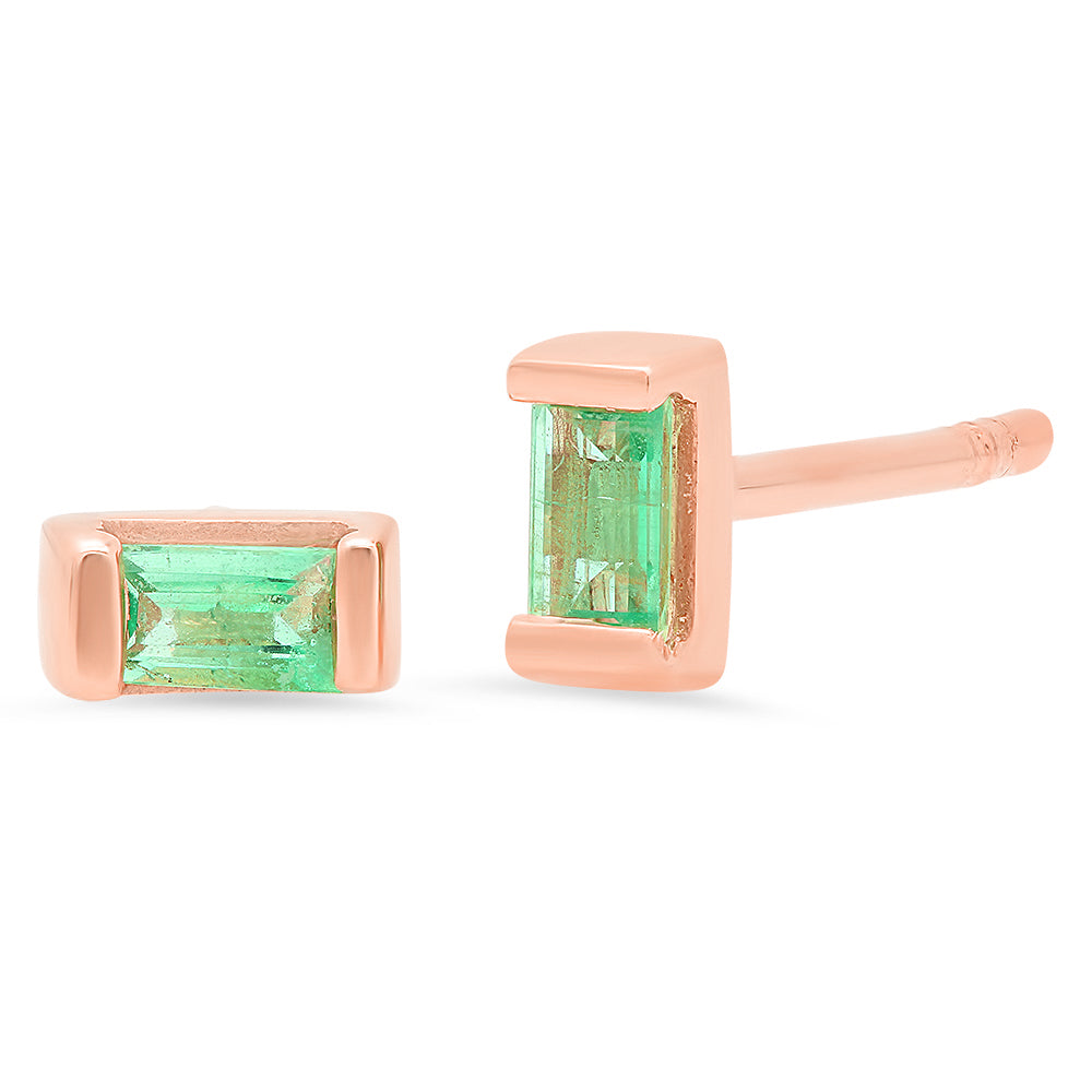 14K Rose Gold Emerald Baguette Studs