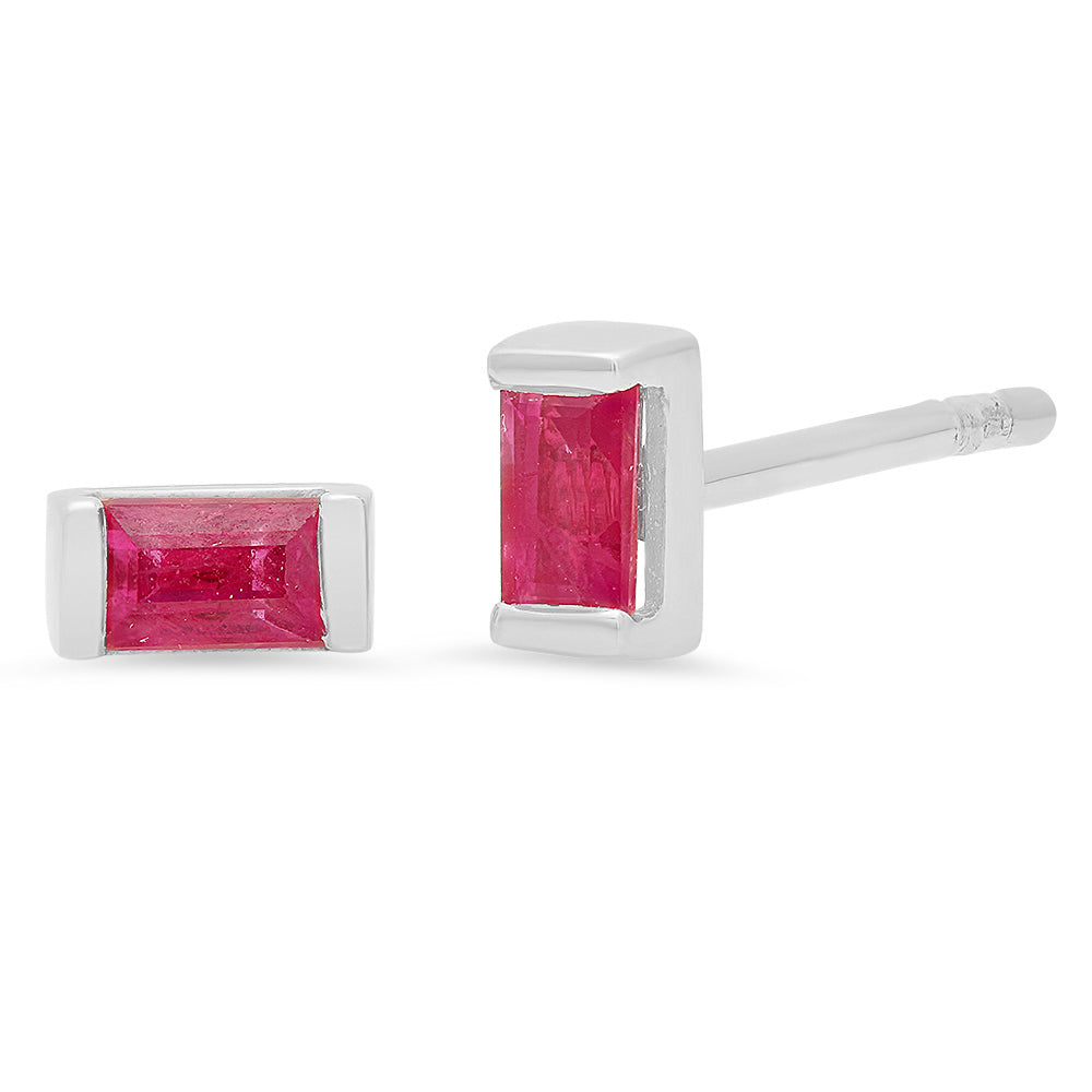 14K White Gold Ruby Baguette Studs