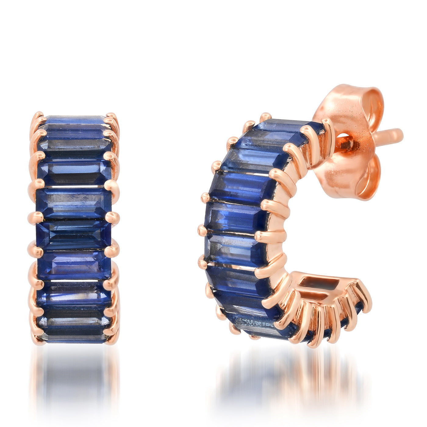 14K Rose Gold Blue Sapphire Baguette Huggies 