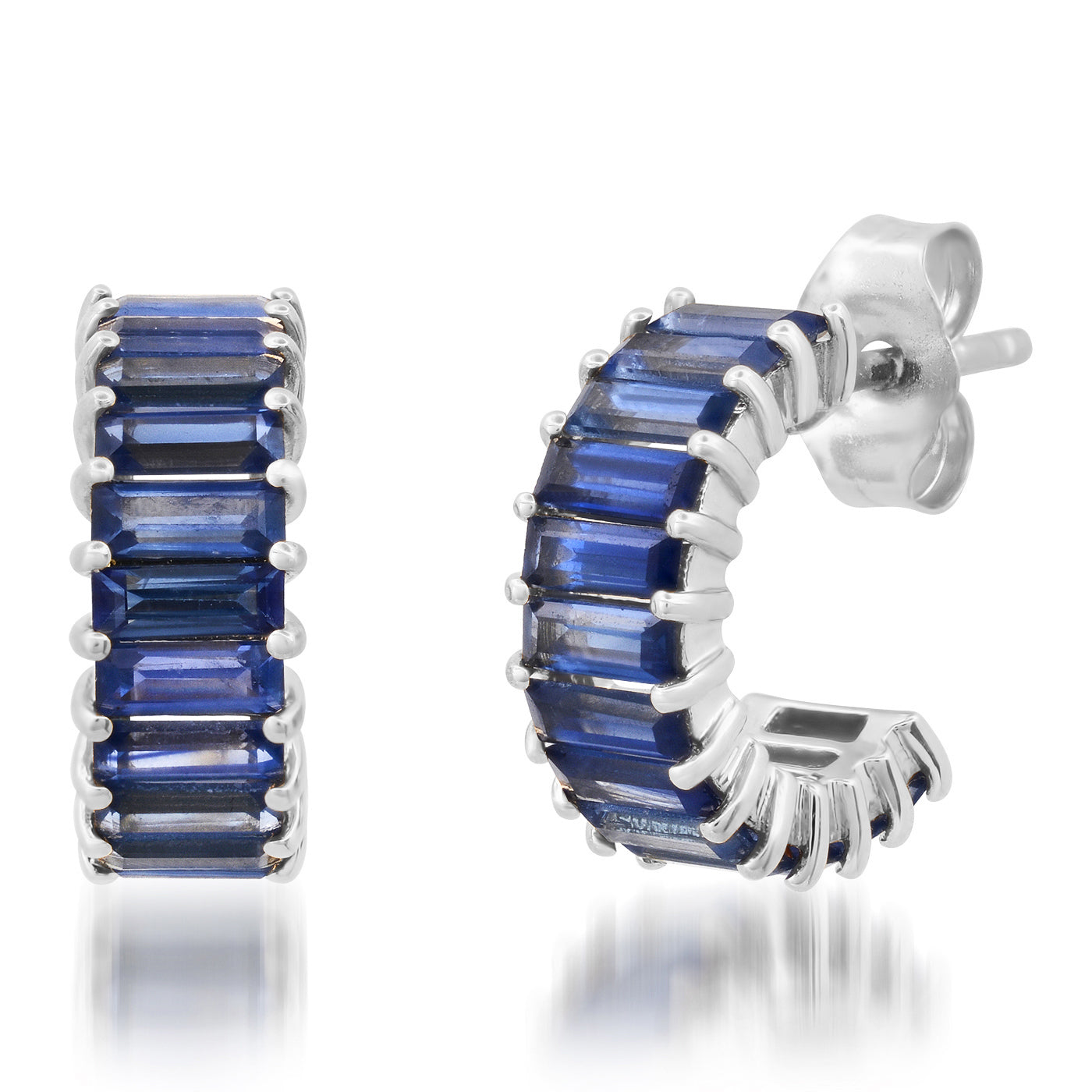 14K White Gold Blue Sapphire Baguette Huggies