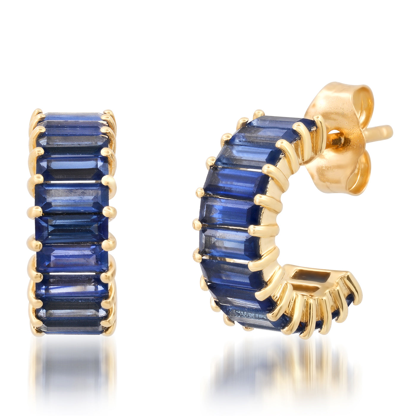 14K Yellow Gold Blue Sapphire Baguette Huggies