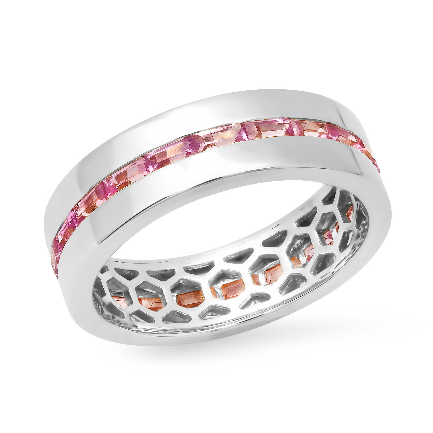 14K White Gold Pink Sapphire Baguette Row Band