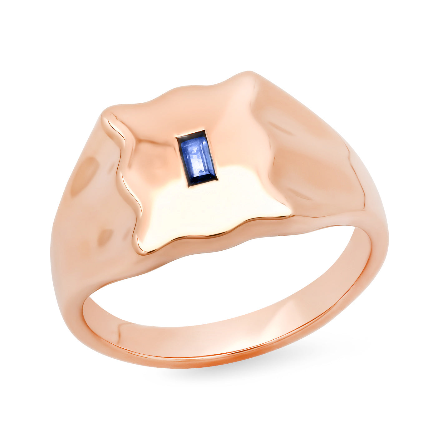 14K Rose Gold Blue Sapphire Baguette Form Signet Ring