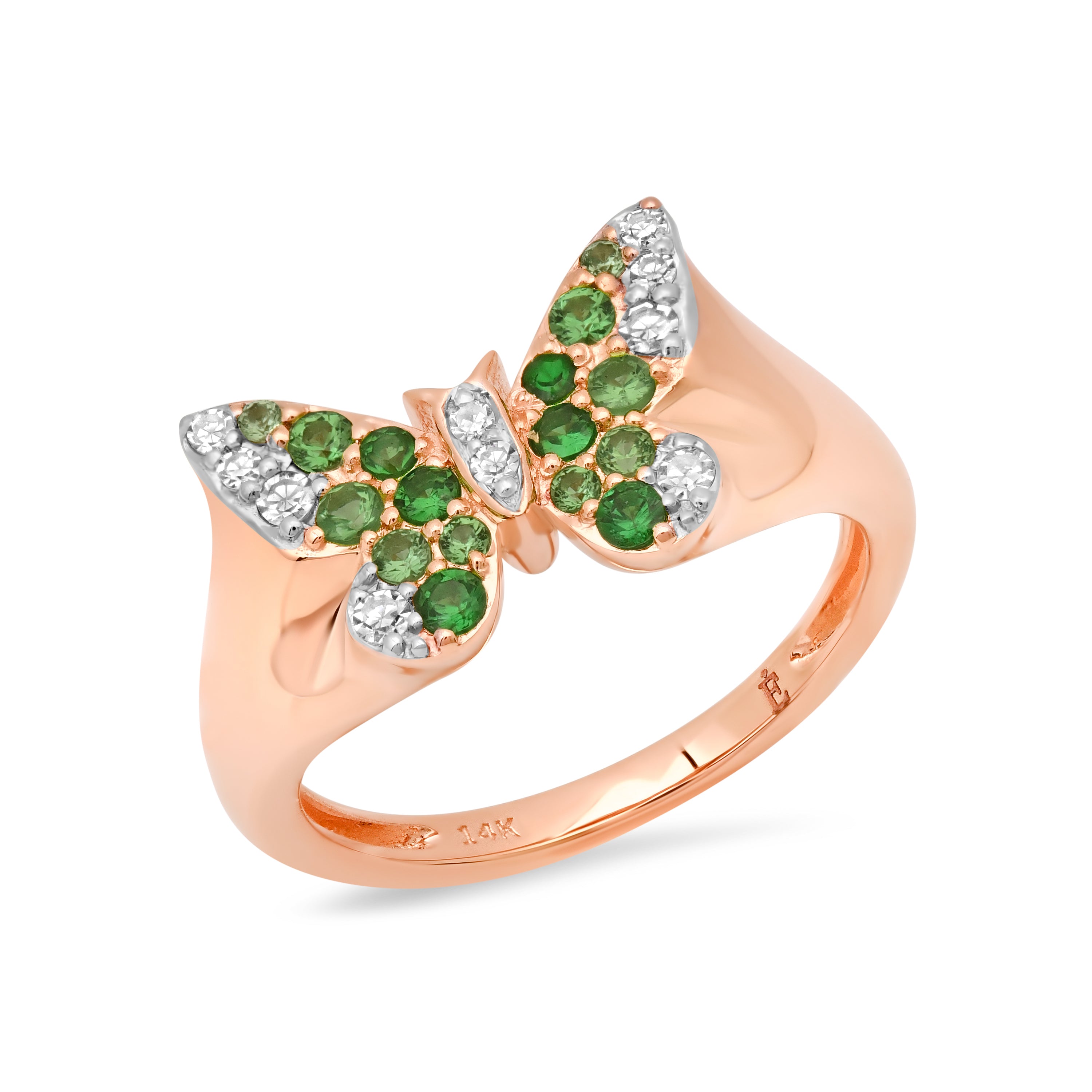 14k Rose Gold Mini Green and Diamond Ombré Butterfly Pinky Ring