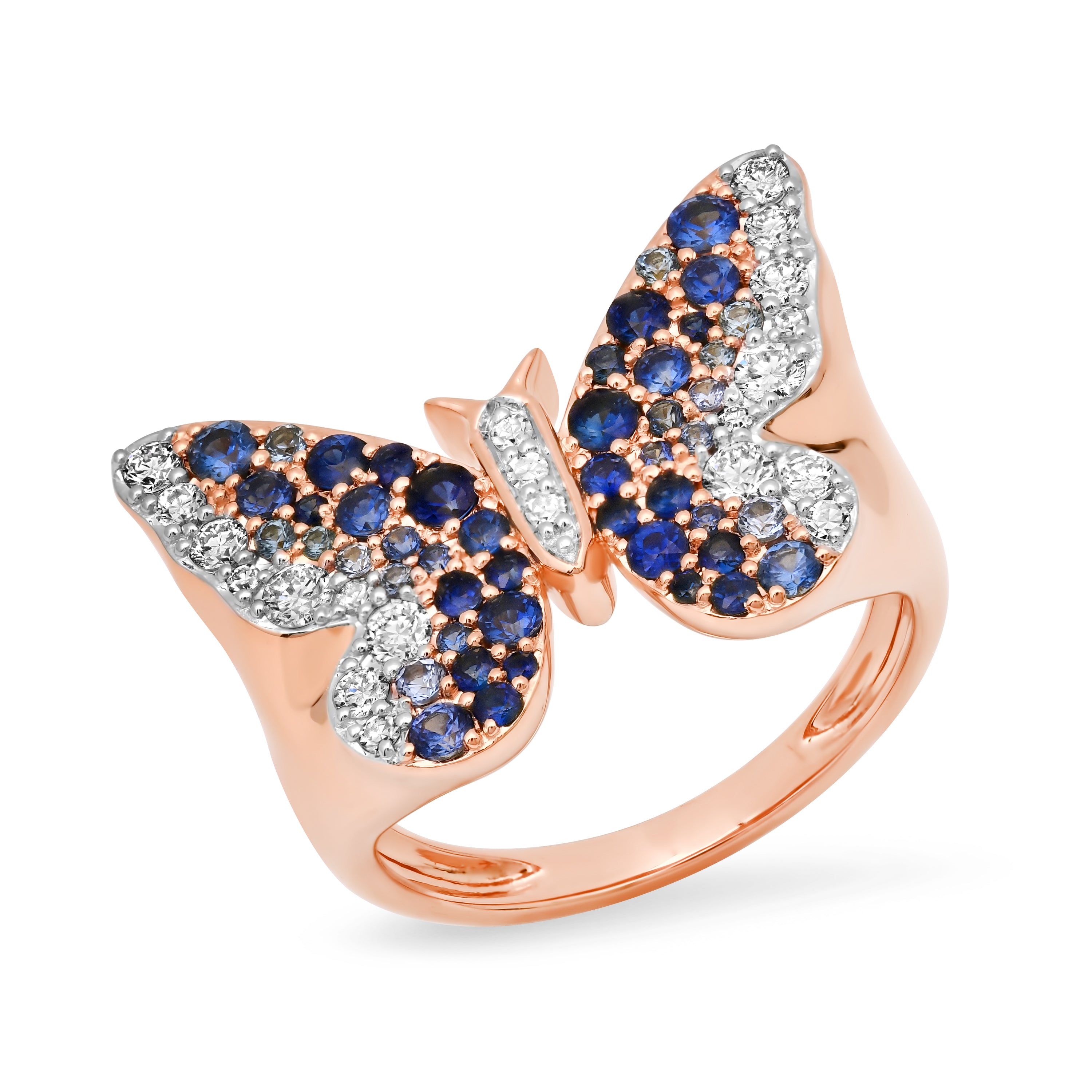 14k Rose Gold Blue and Diamond Ombré Butterfly Signet Ring