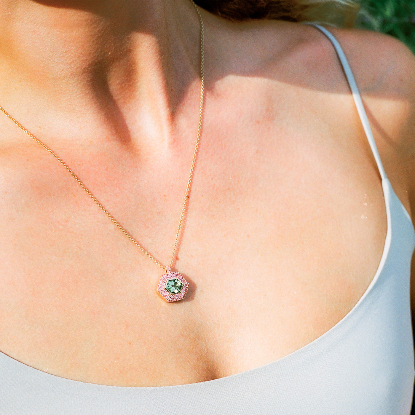 Mint Tourmaline and Pink Sapphire Pendant Necklace