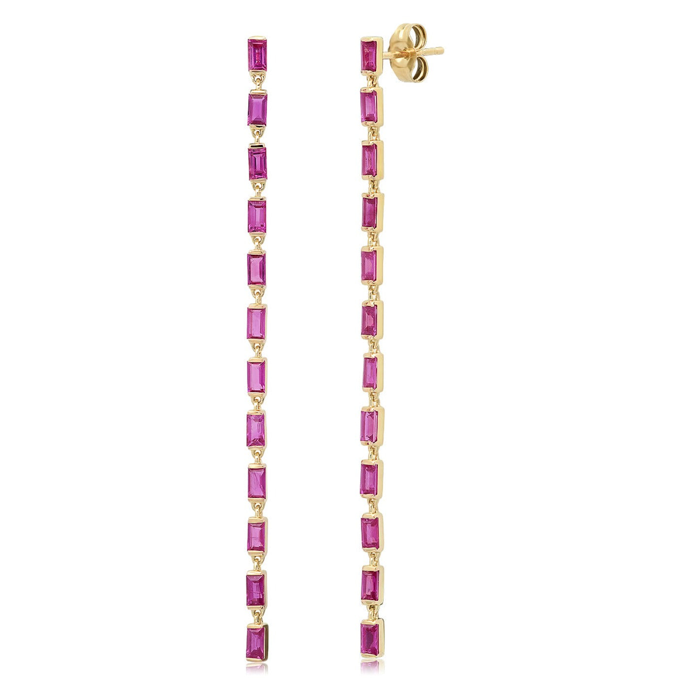 14K Yellow Gold Ruby Baguette Link Earrings 