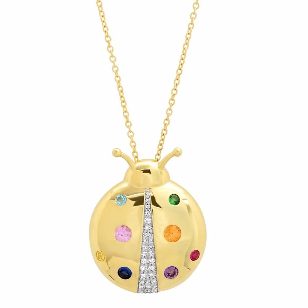 14K Yellow Gold Multi Colored  Mama Ladybug Necklace