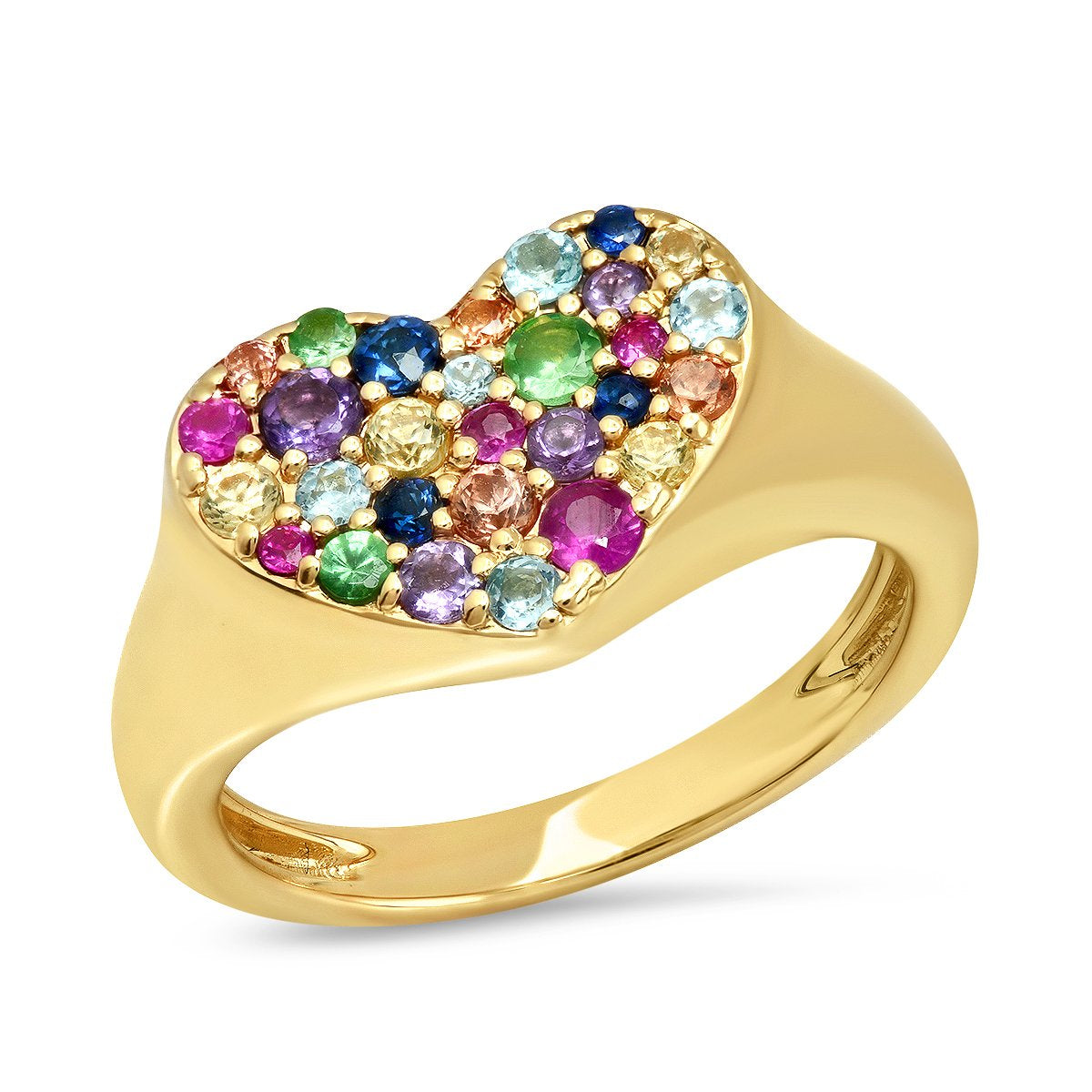 14K Yellow Gold Multi Colored Smushed Heart Pinky Ring