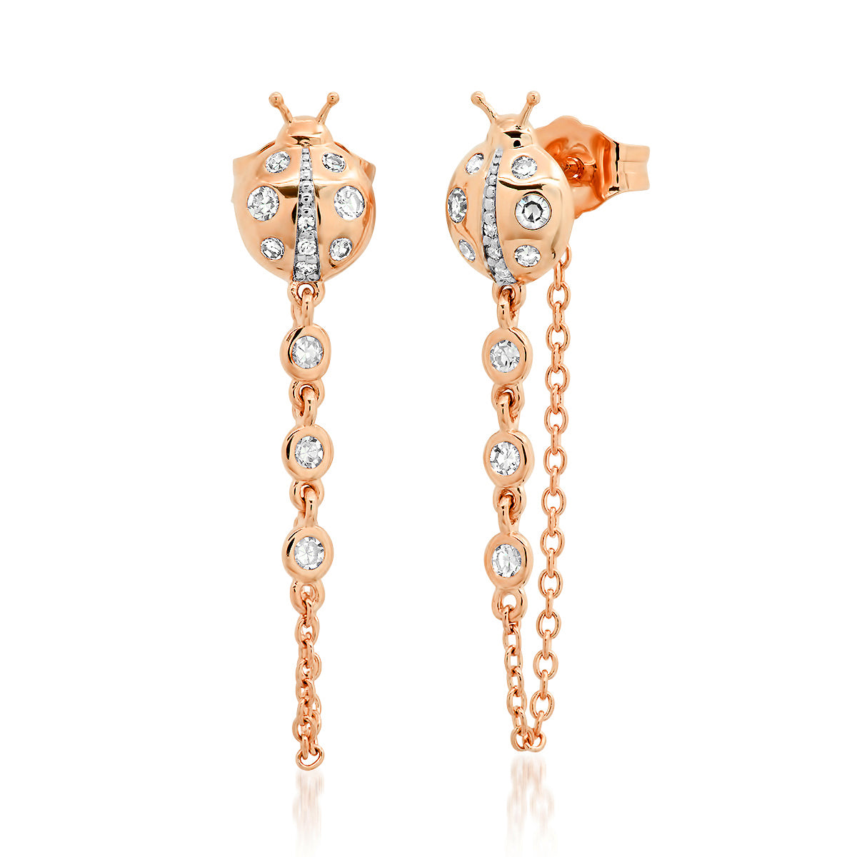 14K Rose Gold Diamond Ladybug Stud with Diamond Chain