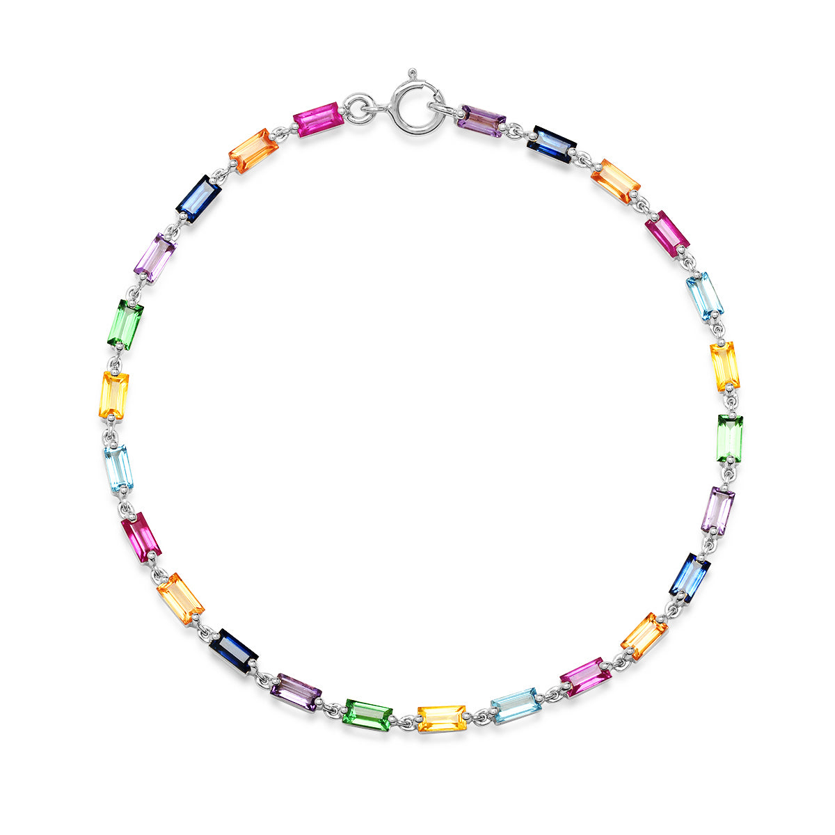 14K White Gold Multi Colored Baguette Link Bracelet