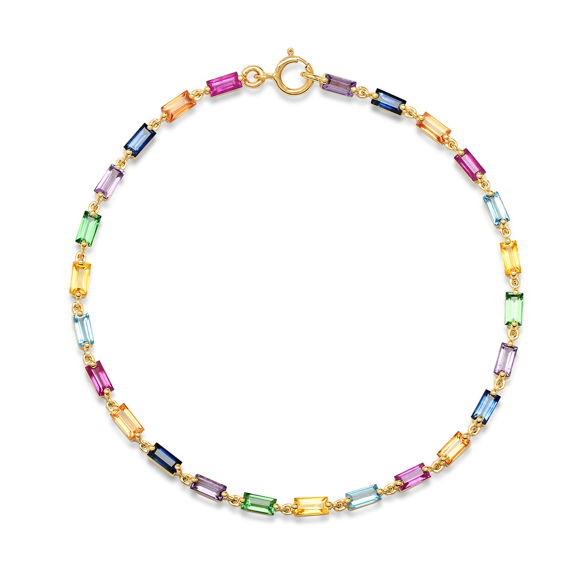 14K Yellow Gold Multi Colored Baguette Link Bracelet