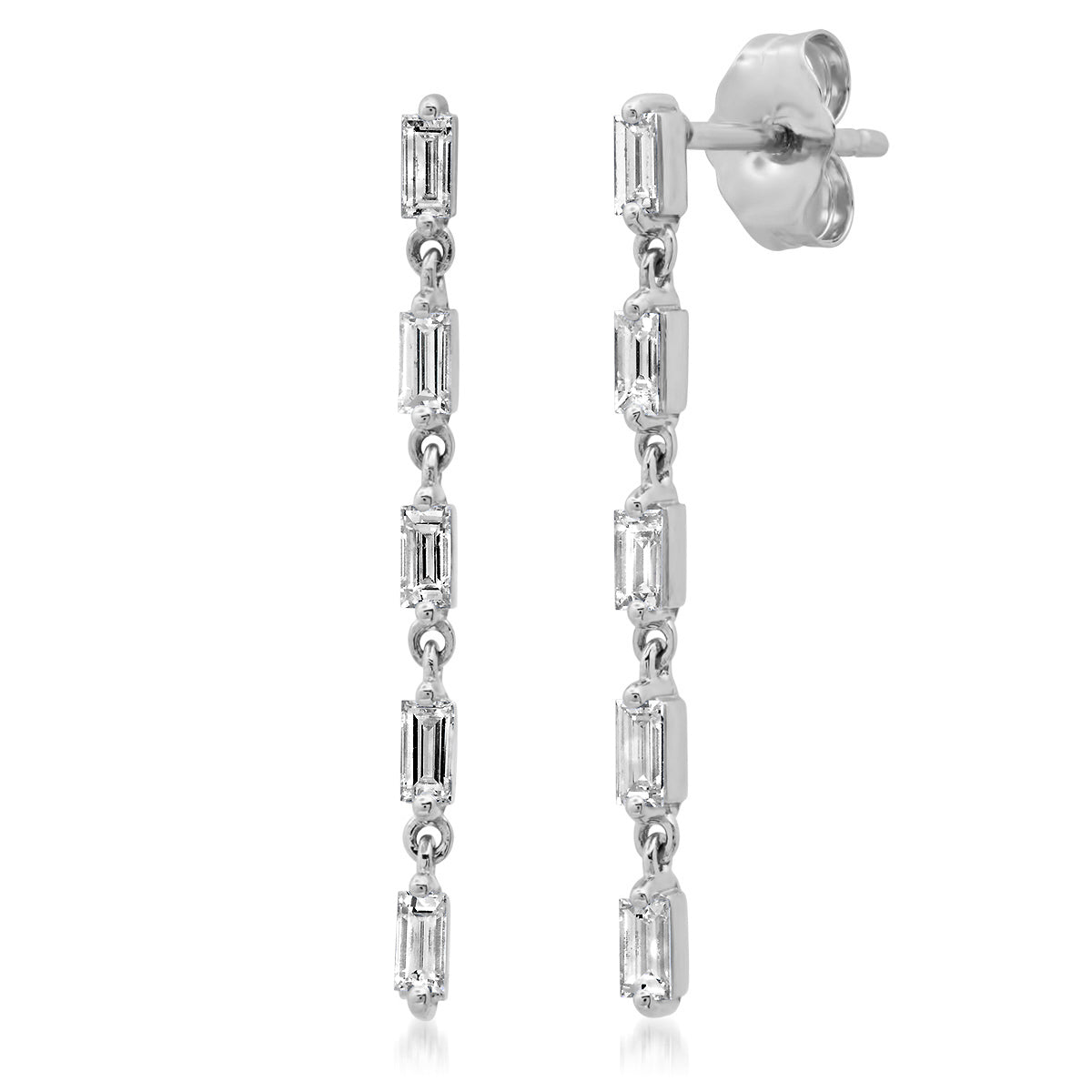 14K White Gold Diamond Baguette Strand Earrings