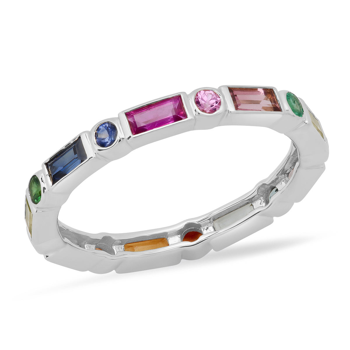 14K White Gold Bezel Set Round and Baguette Rainbow Ring