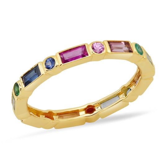 14K Yellow Gold Bezel Set Round and Baguette Rainbow Ring