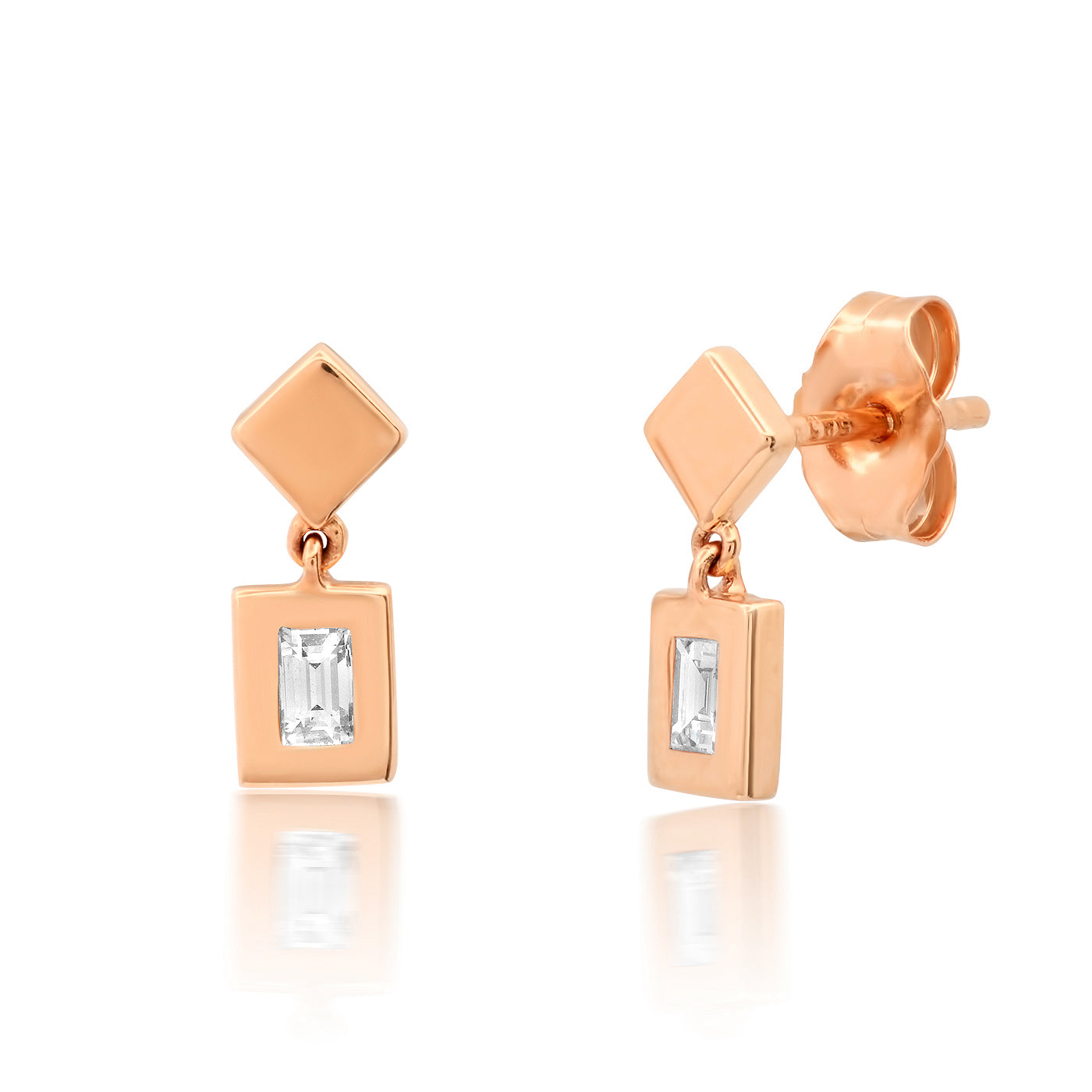 14K Rose Gold Diamond Bezel Set Drop Studs 