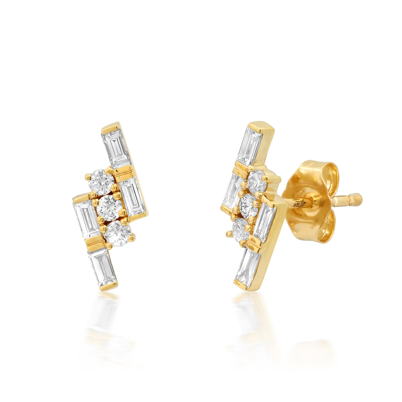 14K Yellow Gold Diamond Triple Row Studs