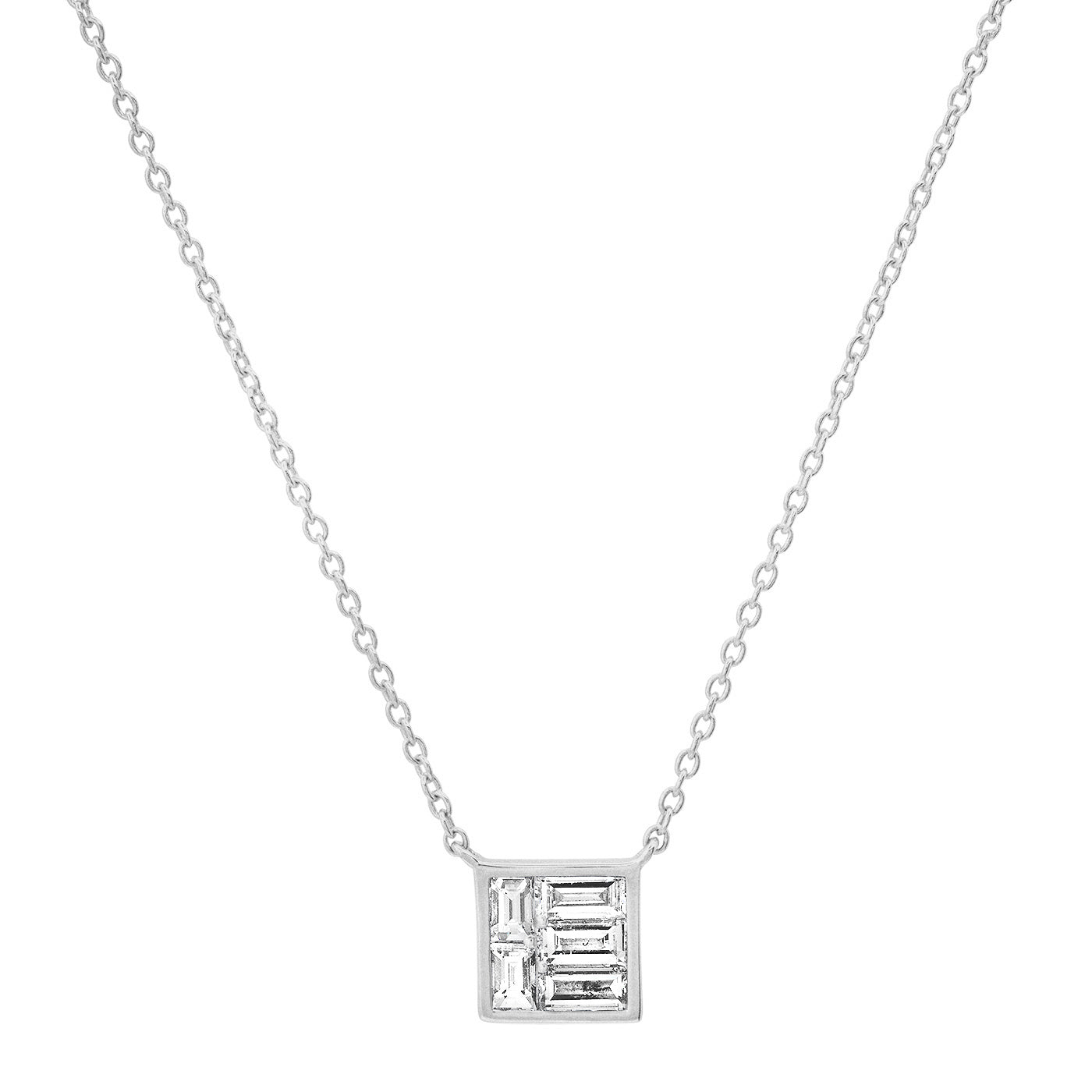 14K White Gold Diamond Square Illusion Necklace 