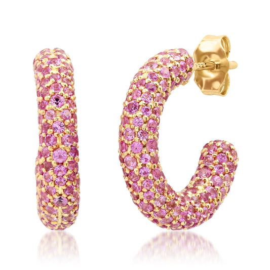 14K Yellow Gold Mini Pink Sapphire Party Hoops