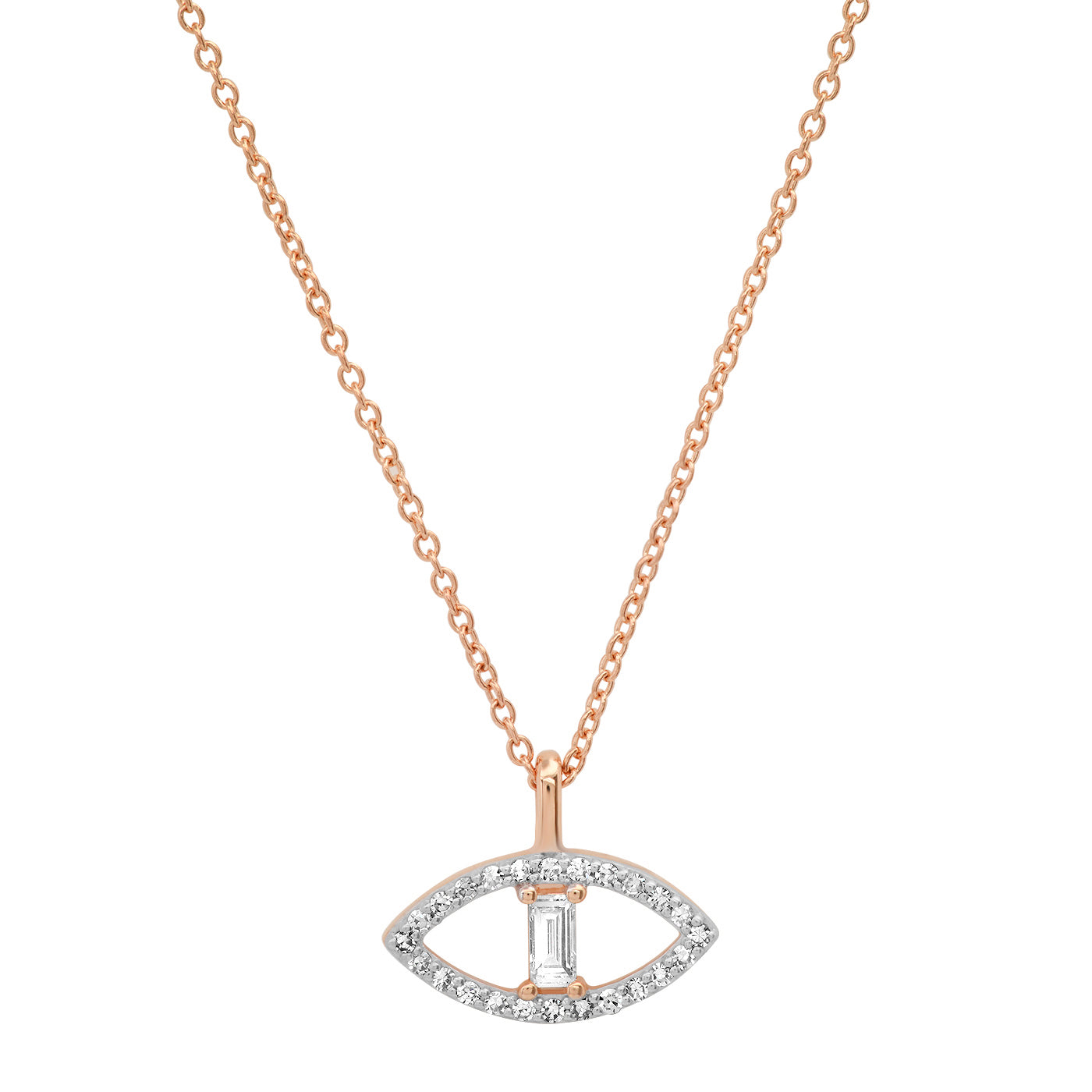 14K Rose Gold Pave Diamond and Baguette Evil Eye Necklace