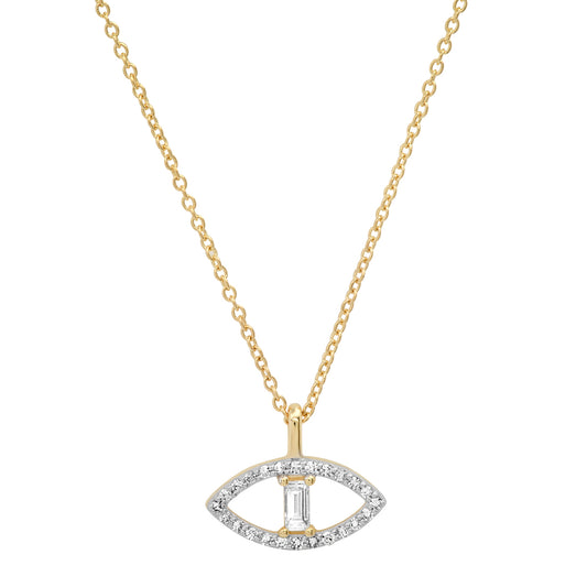 14K Yellow Gold Pave Diamond and Baguette Evil Eye Necklace